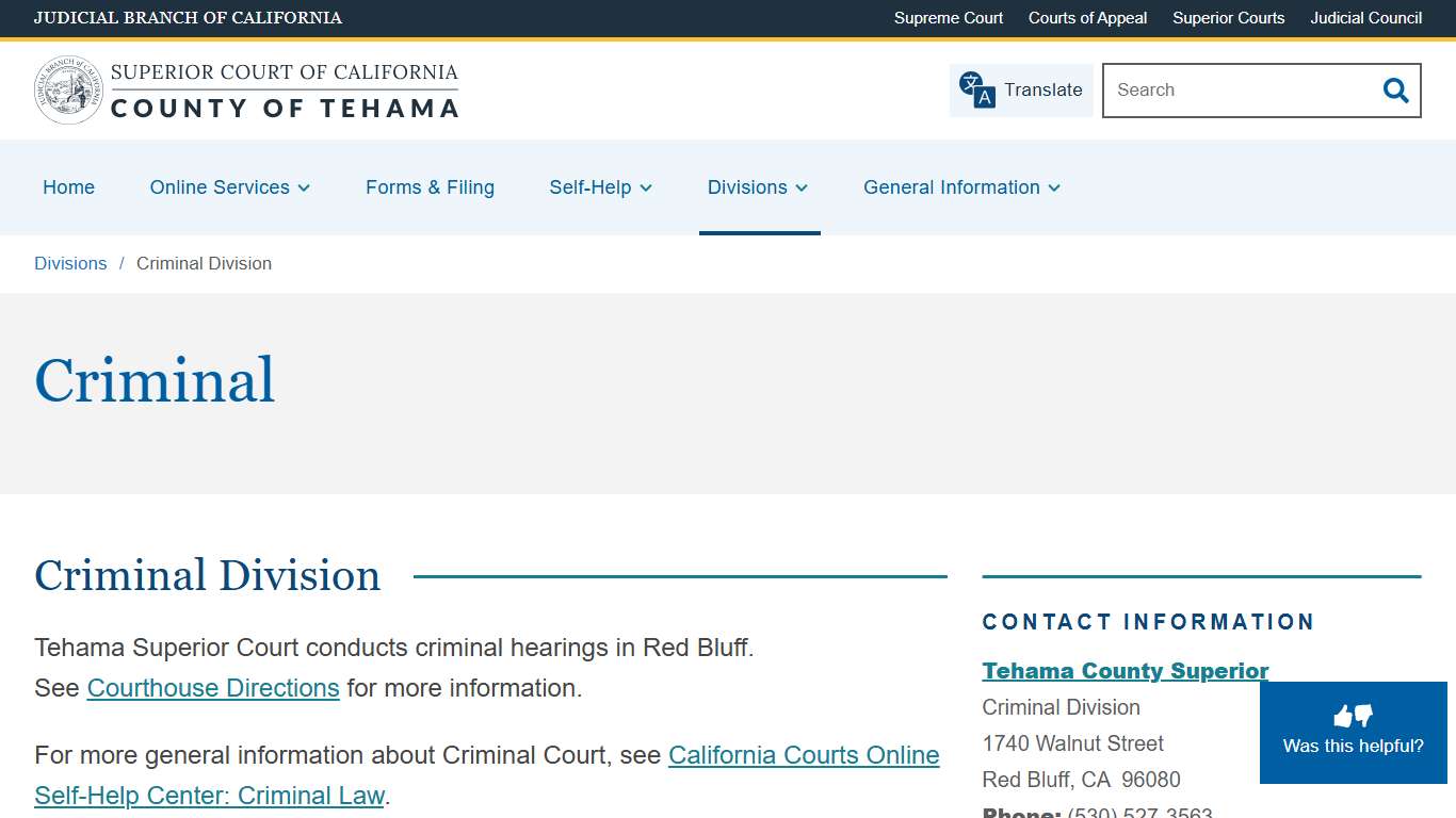 Criminal Division Superior Court of California, County of Tehama