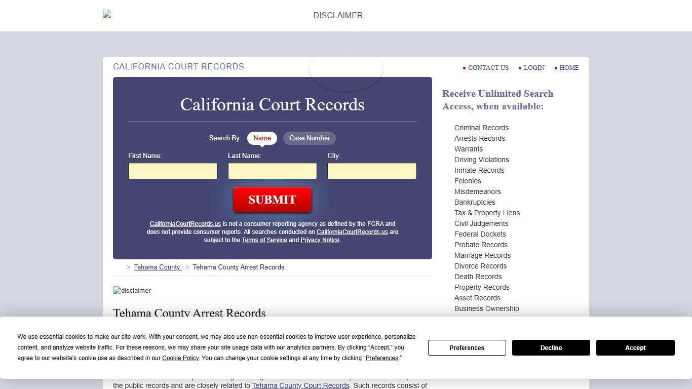 Tehama County Arrest Records CaliforniaCourtRecords.us