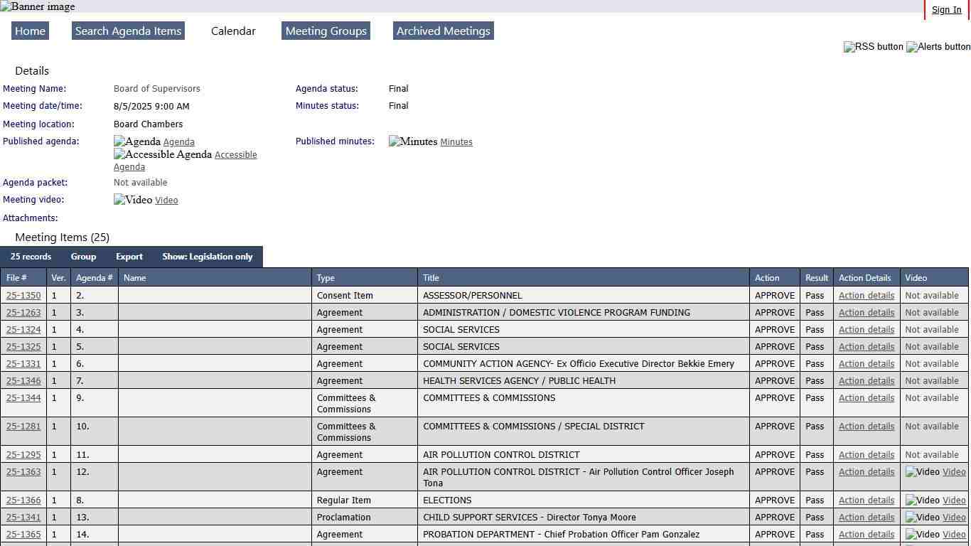 Tehama County - Meeting of Board of Supervisors on 8/5/2025 at 9:00 AM